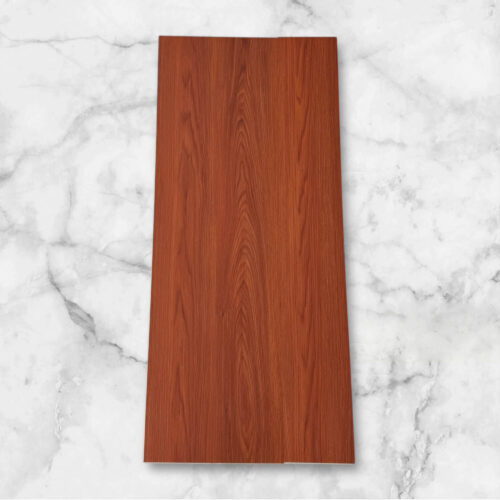 Mahogany Glow SPC Flooring in a luxurious 5mm thickness with a rich mahogany wood-grain texture, displayed on a marble background, perfect for durable and stylish home interiors.