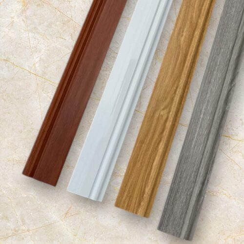 PVC skirting in various wood and color finishes including brown, white, golden oak, and gray.